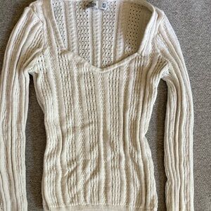 Hollister White V-Neck Sweater with Cable Knit Design
